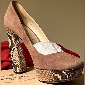 Prada Dark Rose Suede Goatskin & Reptile Platform Pumps Sz 37 (6.5 US) w/Box